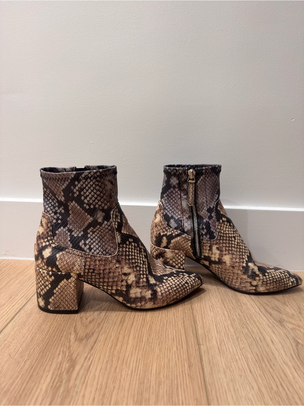 Aldo Snake-Print Block Heel Ankle Boots in Brown and Black